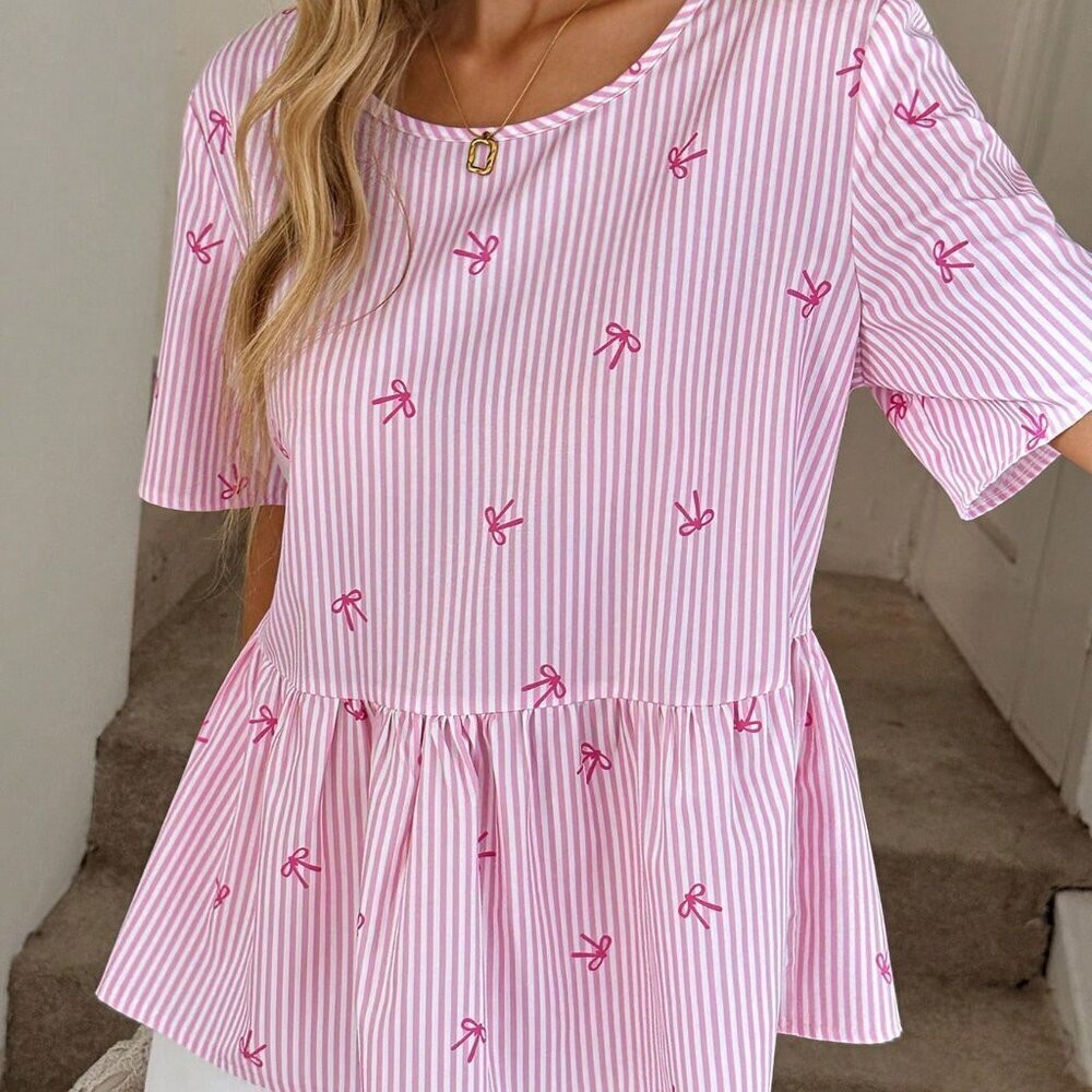 Pink Casual Women's Peplum Top with Ruffle Details and Round Neck